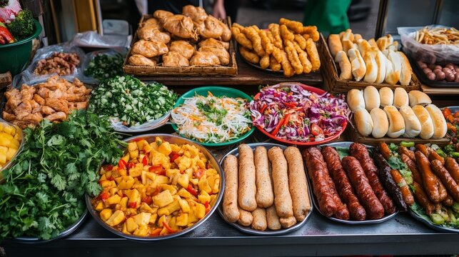 An array of traditional street foods from around the world, including Vietnamese pho, Brazilian feijoada, Turkish kebabs, and American hot dogs, all served together. - Powered by Adobe