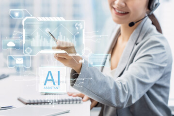 Business woman pointing on futuristic AI assistant virtual screen while working in modern office   