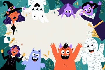 Playful Halloween Characters Frame: Colorful Ghosts, Monsters, and Witches Illustration for Kids' Parties Events Invitation Card