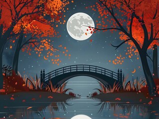 Obraz premium A serene night scene featuring a wooden bridge under a full moon, surrounded by vibrant autumn foliage and a calm water reflection.