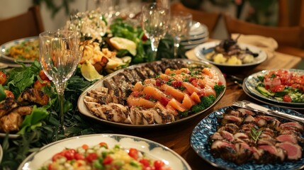 An elegant dinner party table with diverse cuisine from around the world, including Mediterranean salads, Japanese sashimi, and Brazilian barbecue, elegantly presented.