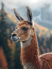 Close Up Portrait of Llama in Mountain Landscape, Wild Andean Animal