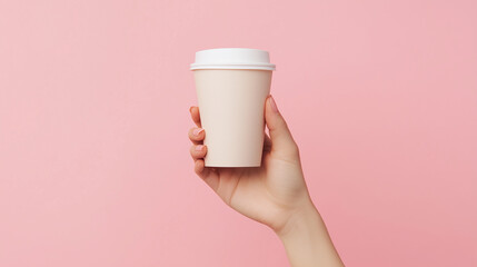 Mockup of female hand holding paper coffee cup on pink background.