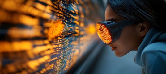 Woman Immersed in Futuristic Data Visualization Wearing High-Tech Goggles, Exploring Virtual Reality