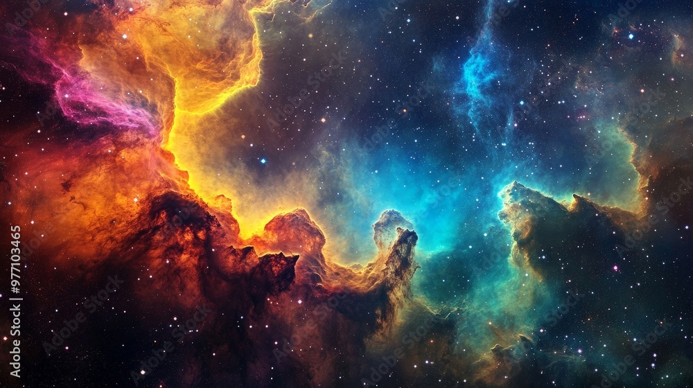 Poster an expansive view of deep space featuring a nebula with vibrant colors and intricate patterns, surro