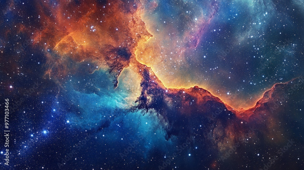 Poster an expansive view of deep space featuring a nebula with vibrant colors and intricate patterns, surro