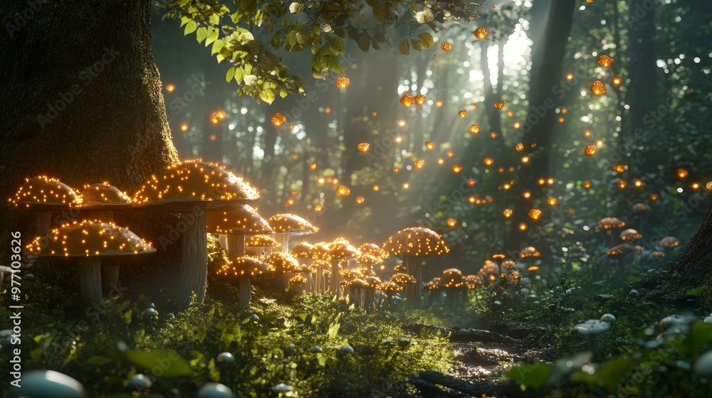 Poster an imaginative scene of magic mushrooms in a hidden glade, with ethereal light and floating spores c