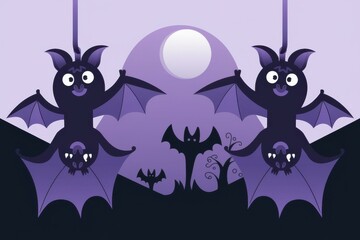 Playful Cartoon Bats Hanging Under Full Moon for Halloween - Fun Halloween Illustration for Kids' Parties