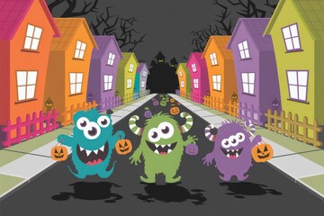 Colorful Cute Monsters in a Spooky Neighborhood - Playful Halloween Illustration for Kids' Events