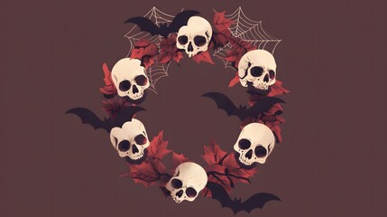 Fototapeta premium A spooky Halloween wreath featuring skulls, red leaves, and bats, perfect for seasonal decoration or festive imagery.