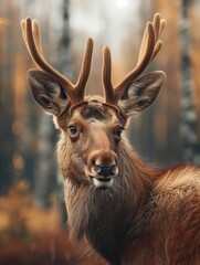 Fototapeta premium Close Up of Moose, Elk, Alces in Wilderness, Grassland Mammal