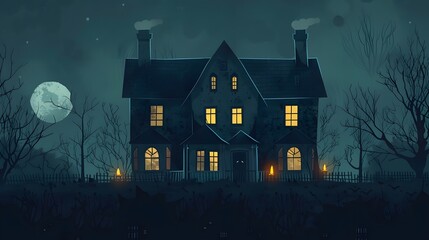 A spooky haunted house illuminated by moonlight, casting eerie shadows in a dark, mysterious landscape. Perfect for Halloween themes.