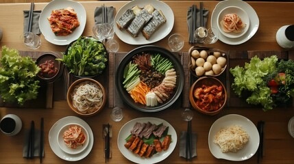 An inviting Korean dining table set with traditional dishes like bibimbap, kimchi stew, and an assortment of fresh vegetables and meats.