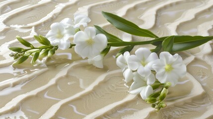 Delicate White Flowers On Neutral Textured Wavy Background. Minimalist Elegant Design, Soft Colors