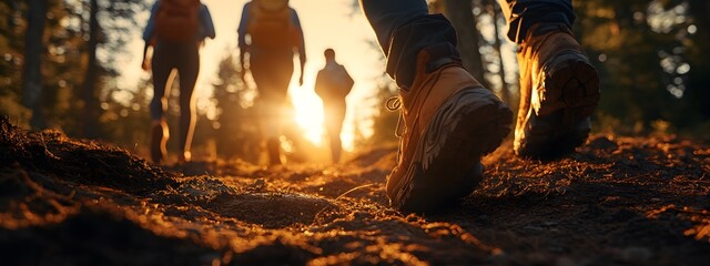 A group of friends hiking in the forest at sunrise, a close-up shot focusing on their shoes and legs as they walk along an old trail with scattered pine trees around them