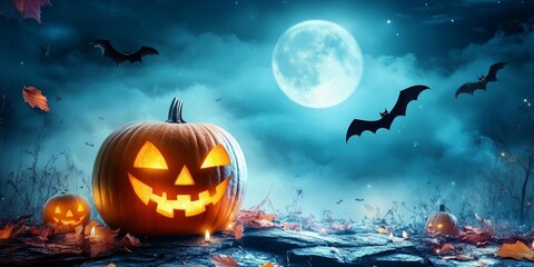 Fototapeta premium halloween horror background, moon, halloween pumpkin, bat night scene 
