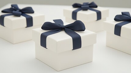 A set of three luxury gift boxes is beautifully arranged on an elegant table. The boxes, two in navy and one in white, feature dark blue ribbon bows, creating a sophisticated display