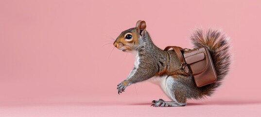 Curious Squirrel with a Miniature Leather Satchel Attached, Posed on a Pink Background