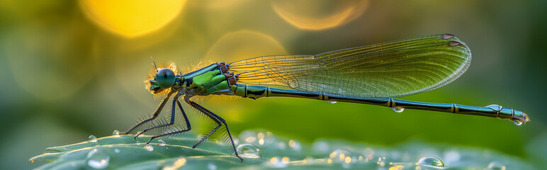 Close-up of a vibrant green damselfly perched on a dewy leaf in nature