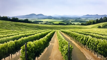 Naklejka premium Lush Watercolor Painting of French Vineyard Showcasing Serene Greenery and Botanical Charm 
