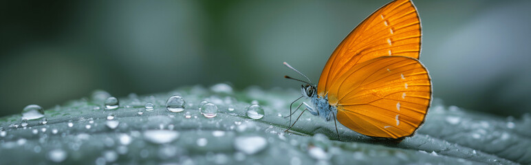 Orange butterfly resting on a dewy leaf