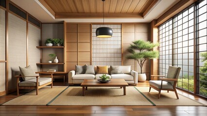 Fototapeta premium modern living room with fireplace, Beautiful Living Room in New Luxury Home with Fireplace and Roaring Fire. Large Bank of Windows Hints at Exterior View
