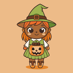 Smiling witch girl with orange hair holding jack-o'-lantern basket against orange background