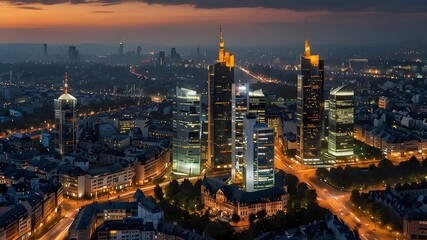 Fototapeta premium Aerial panoramic view of Frankfurt, Germany captured at dusk
