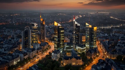 Obraz premium Aerial panoramic view of Frankfurt, Germany captured at dusk