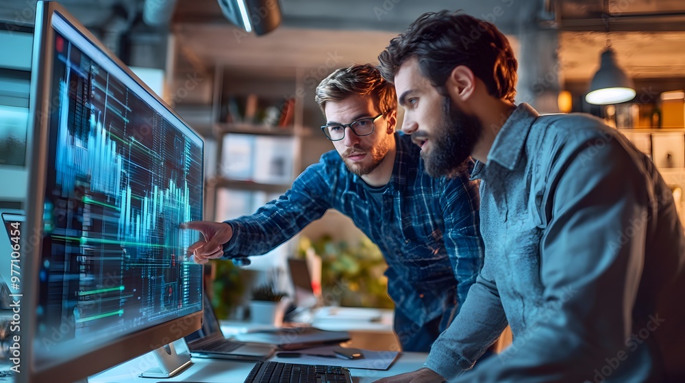 Aufkleber two men analyzing financial data on a computer screen