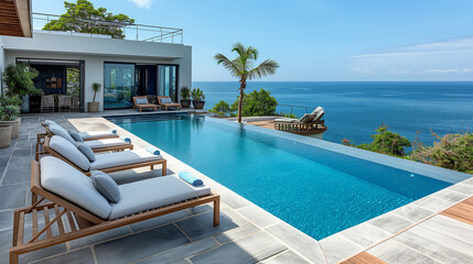 Fototapeta premium Luxury seaside villa with infinity pool and sun loungers overlooking the ocean