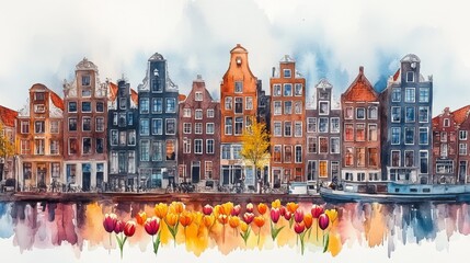 Colorful Canal Houses in Amsterdam Watercolor Generative AI