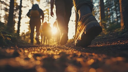 A group of friends hiking in the forest at sunrise, a close-up shot focusing on their shoes and legs as they walk along an old trail with scattered pine trees around them
