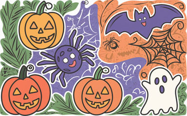 festive Halloween-themed illustration featuring a variety of elements commonly associated with the holiday.