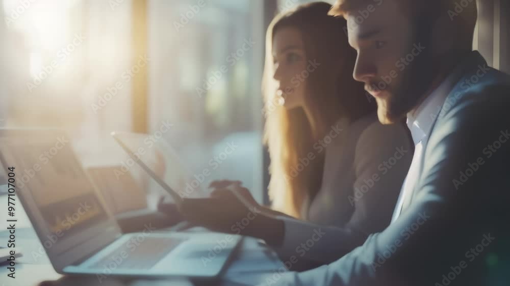 Poster two business professionals analyzing data on laptops in a modern office with warm light. teamwork an