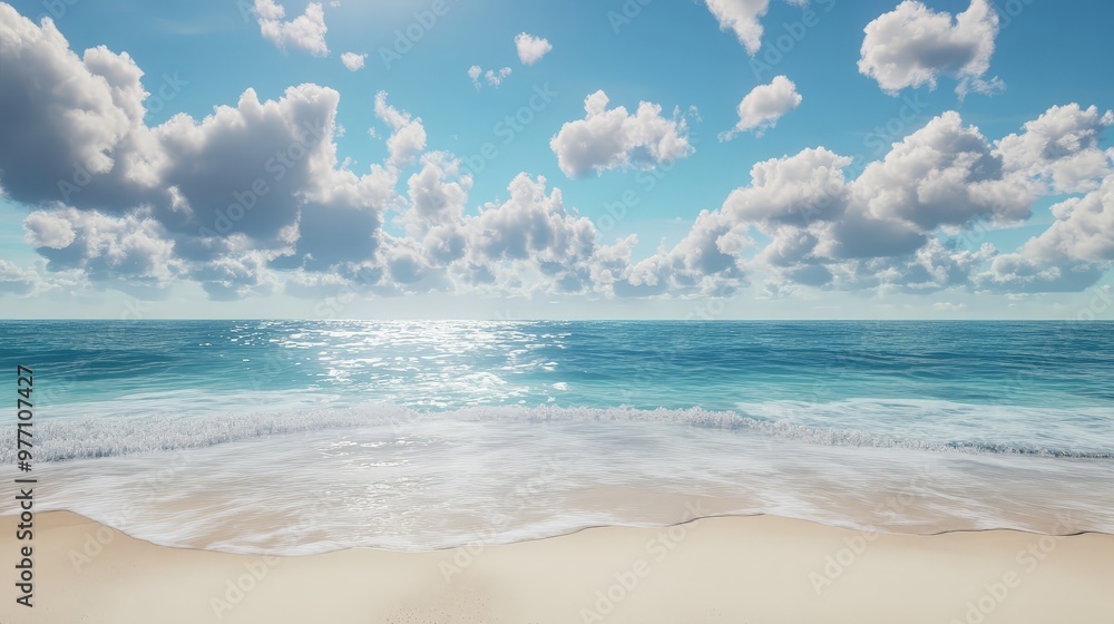 Poster create a peaceful beach environment with a backdrop of fluffy clouds and a tranquil sea, where the h