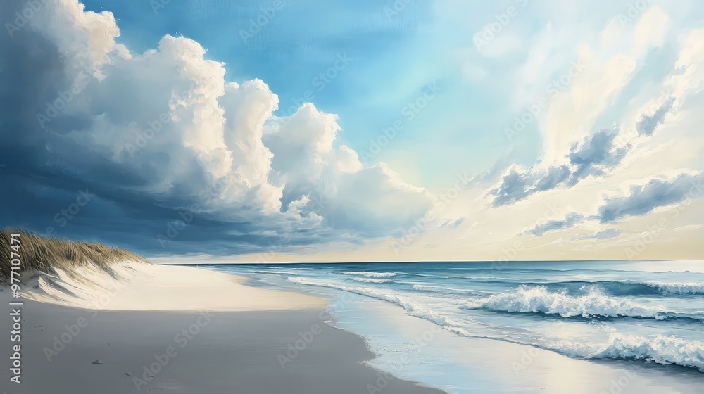 Poster A painting of a beach with a cloudy sky and the sun shining through the clouds