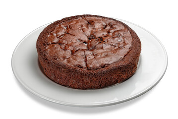 Chocolate sponge cake on white plate isolated