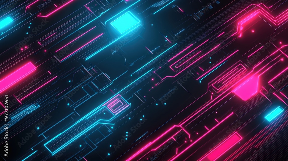 Poster digital neon colorful background with cyan and magenta diagonal lines as technology circuit board on