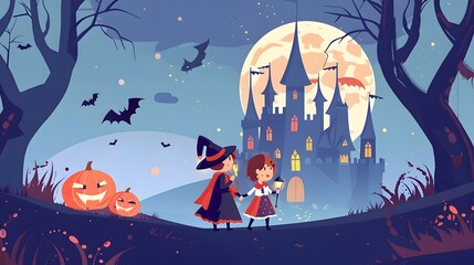 A whimsical Halloween scene featuring children in costumes, bats, pumpkins, and a spooky castle under a full moon.