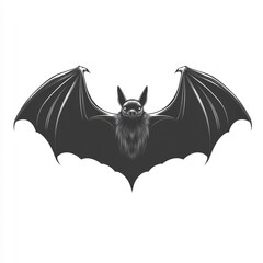A stylized black and white illustration of a bat with outstretched wings and detailed fur, showcasing its distinctive features and elegance