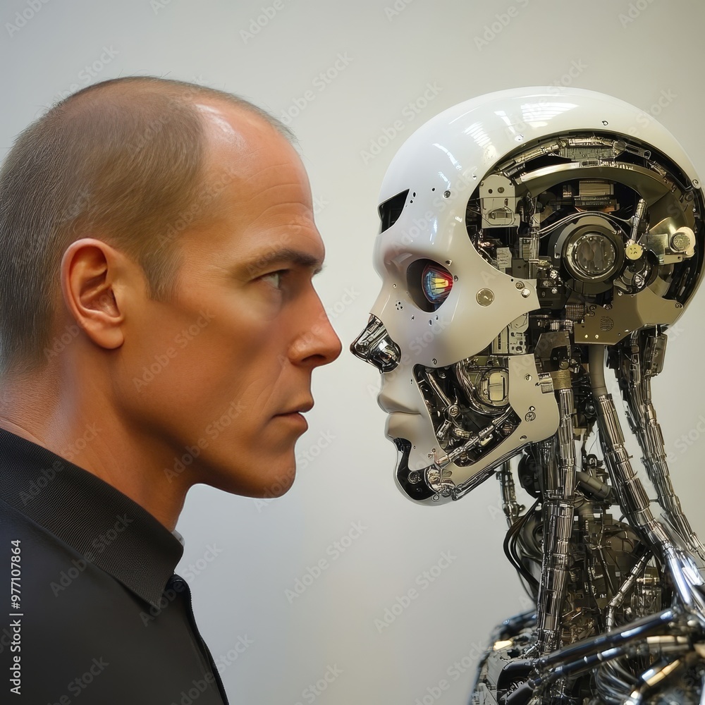 Aufkleber man and machine confrontation. a close-up portrait of a man facing an advanced cyborg.