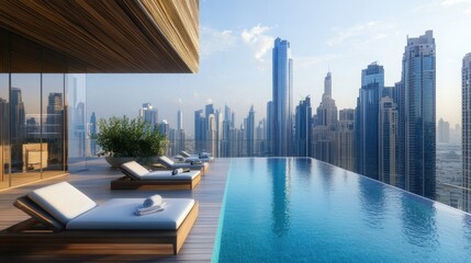 Fototapeta premium A cityscape view from a rooftop terrace with lounge chairs and an infinity pool overlooking skyscrapers.