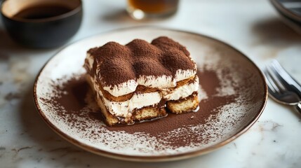 A sumptuous tiramisu with layers of espresso-soaked ladyfingers and mascarpone cream, topped with cocoa powder, offering a dessert that's too delicious to resist.