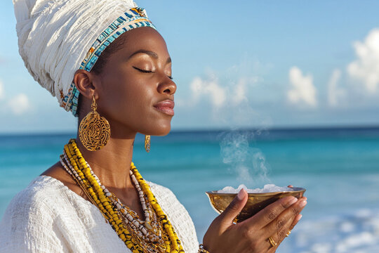 a priestess channeling Yemaya, the Orisha of the sea, during a beachside ritual