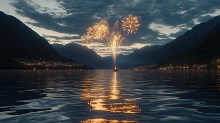 Fireworks burst in purple and gold colors over a tranquil lake, with city lights twinkling in the background, creating a stunning reflection on the water's surface