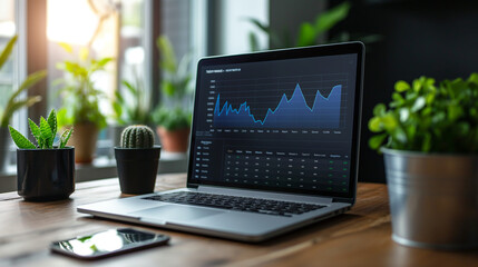 Laptop displaying financial data and graphs on a wooden desk with plants and coffee cup