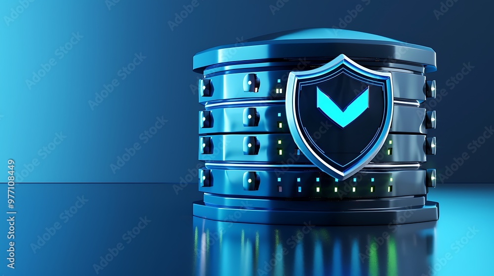 Poster 3d illustration of a secure database with a shield, symbolizing data protection and cybersecurity in