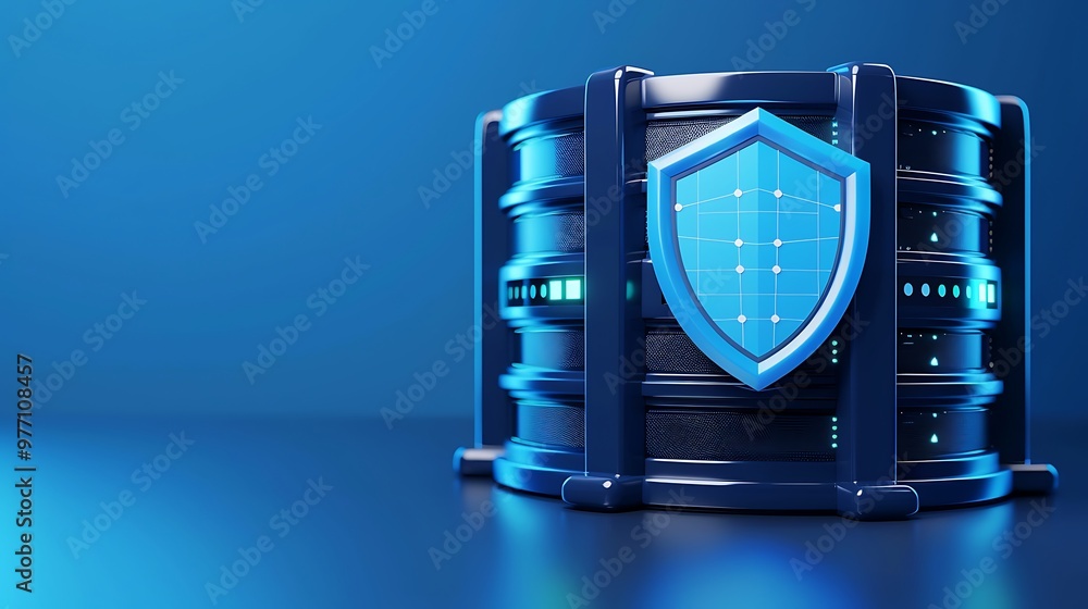 Poster 3d illustration of a secure database with a shield icon, symbolizing data protection and cybersecuri