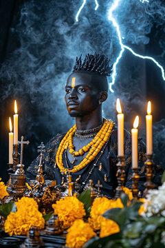 an elaborate altar dedicated to Shango, the Orisha of thunder and lightning